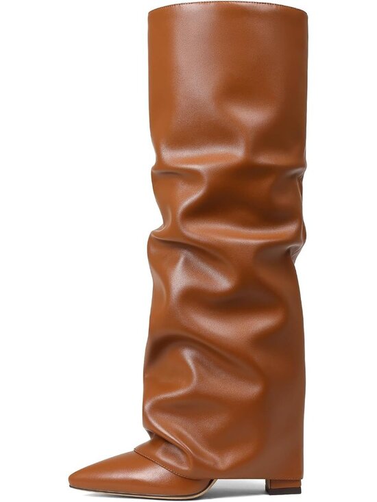 Shoes - Women's Brown PU Knee High Boots Wide Calf Chunky High Heel Boots Pointed Toe